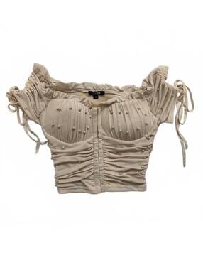 Papermoon Coquette Pearl Beaded Bustier Top Ruched Mesh Fairycore Beige Size S